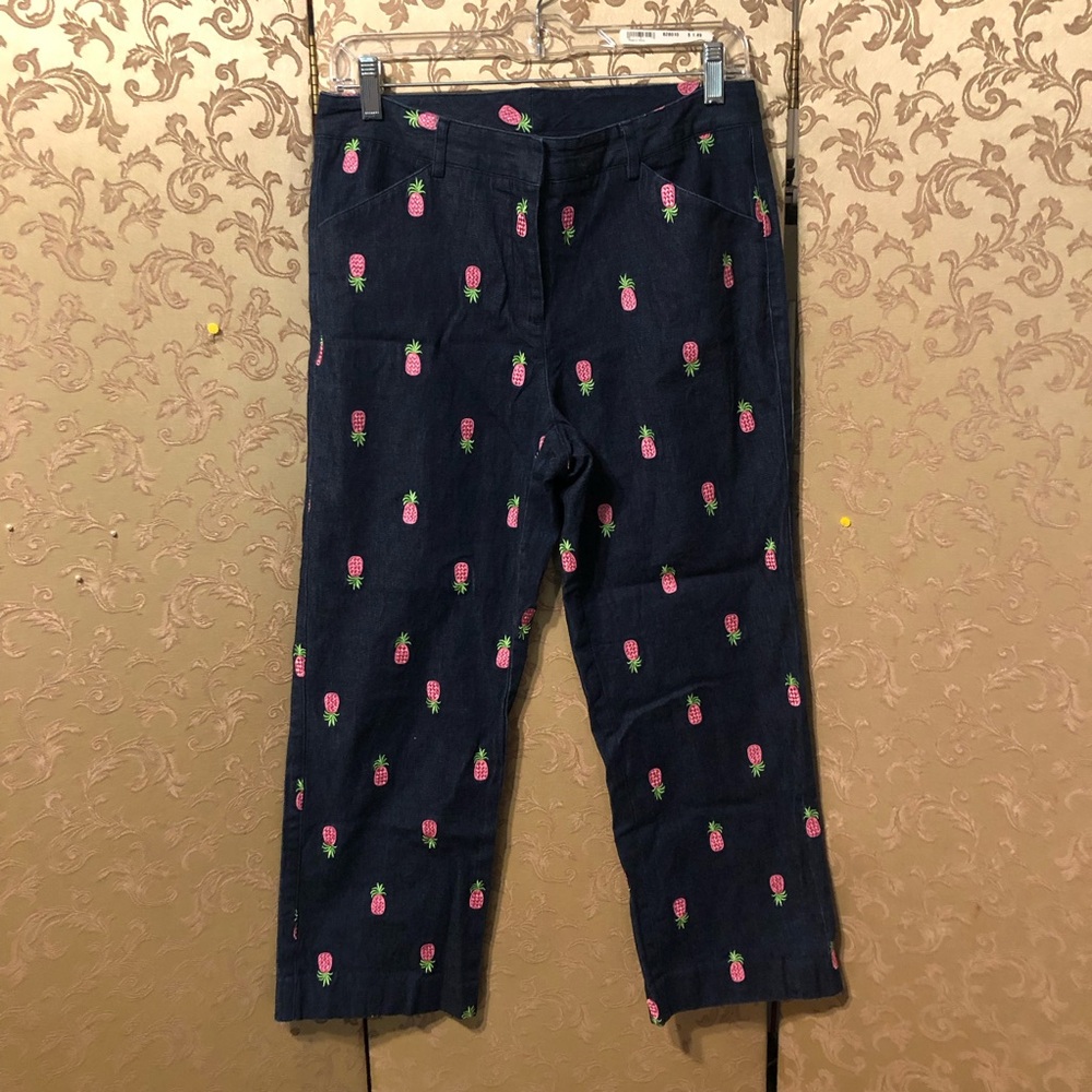 Lilly Pulitzer Blue Pink Light Denim Pineapple Embroidered Pants Size 6